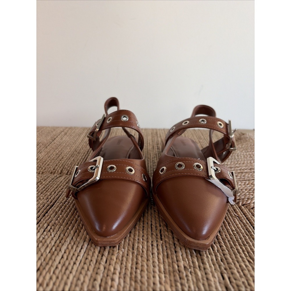 Quince Shoes Women 8 Italian Leather Bold Buckle Slingback Flat Cognac Luxury - Picture 3 of 8